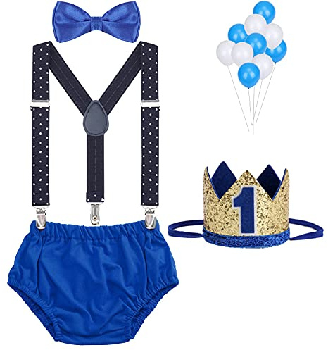 WELROG Baby Boys First Birthday Cake Smash Outfit Bow Tie Suspenders Bloomers Birthday Hat Sparkle Gold Set (Navy blue wave point and Royal blue)