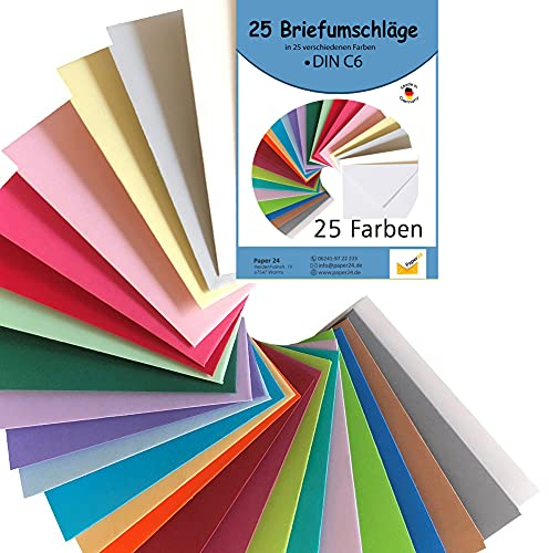 Paper24 25 Briefumschläge bunt C6, bunte Umschläge in 25 unterschiedlichen Farben als Set im Format C6, nassklebend, ideal als Geschenkidee für A6 Karten