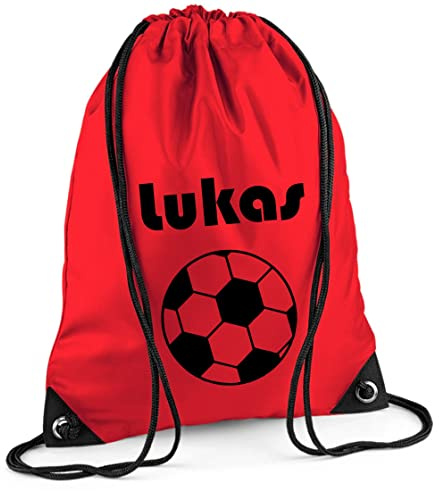 Sacca da palestra con nome, motivo calcio, con stampa del nome, personalizzabile, per lo sport, per ragazzi, bambini, grigio, Colore: rosso, Rucksack