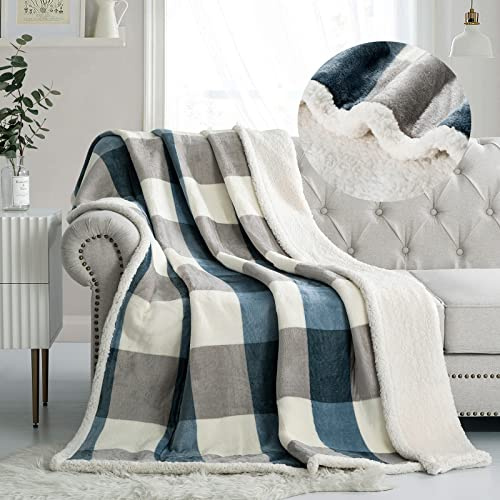 PU MEI Sherpa Fleece Throw Blanket 80 x 90 Full/Queen Reversible Plush Fluffy Extra Large Big Blanket Lattice Flannel Blankets for Sofa Couch Bed (Grey-Soft Blue, 80*90)