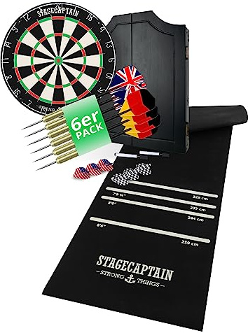 Stagecaptain DBC-1775 BK Bullseye Dartschrank Set - Wandschrank mit Steeldart-Scheibe - 2 Stifte mit Löschschwämmchen - Inkl. 6 Steeldarts, 12 Flights & Montagematerial - Sparset inklusive Dartmatte