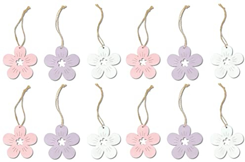 DARO DEKO Holz Dekohänger Blüten 12 Stück 7cm mit Jute Kordel Anhänger Blumendeko Holzblume Blumenhänger