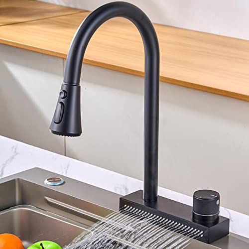 Mitigeur Cuisine avec Douchette Extractible, Robinet Cuisine Extractible avec Douche Cascade Inox Monotrou Eau Froide et Chaude Pivotant Robinet Cuisine-Noir