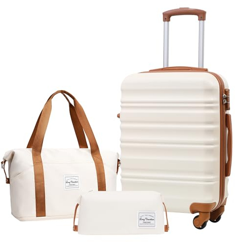 LONG VACATION Carry On Luggage Sets 3 Piece 20 Inch Suitcase Set, ABS+PC Hardshell Lightweight Travel Luggage with Spinner Wheels & YKK Zipper TSA Lock (BEIGE-BROWN, 20 Inch)