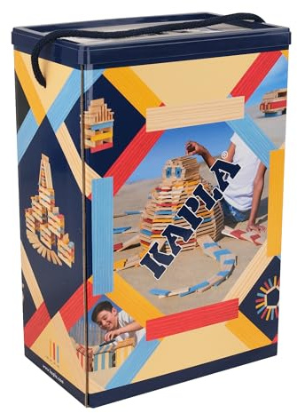 KAPLA - Baril Estival 200 piastre colorate (blu, rosso e giallo) con libro di costruzione, gioco in legno, gioco di costruzione, fino a 2 anni