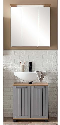 Lomadox Badezimmer Waschplatz Set, Waschbeckenunterschrank mit Spiegelschrank, grau mit Eiche Nb., Landhaus-Design