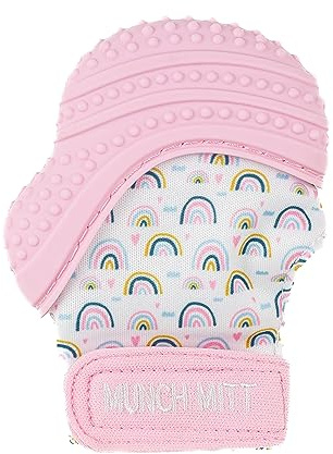 Malarkey Kids Patented Teething Mitten, Munch Mitt Baby Chew Toy - Protects Hands from Chewing & Saliva, Heals Aching Gums, Promotes Sound & Visual Stimulation for Babies - Pink Rainbow