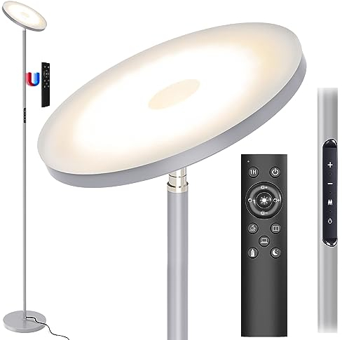 Modlicht 30W Deckenfluter LED Dimmbar Grau, 3330lm Stehlampe LED mit Fernbedienung&Touch Steuerung, Stehleuchte Wohnzimmer mit 4 Farbtemperatur, 1H Timer, Moderne Standleuchten für Schlafzimmer, Büro