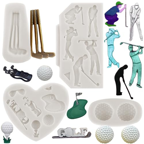 MINFEIDMS Golf-Silikonform für Golfbälle, Fondant, Golfschläger-Formen für Kuchendekoration, Cupcake-Topper, Schokolade, Süßigkeiten, Gummipaste, 4 Stück
