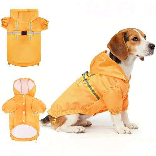 BEAUTYZOO Regenmantel mit integriertem Geschirr für kleine und mittlere Hunde – Wasserechte Hunderegenkleidung mit Kapuze und Reflektorstreifen für regnerische oder schneereiche Tage