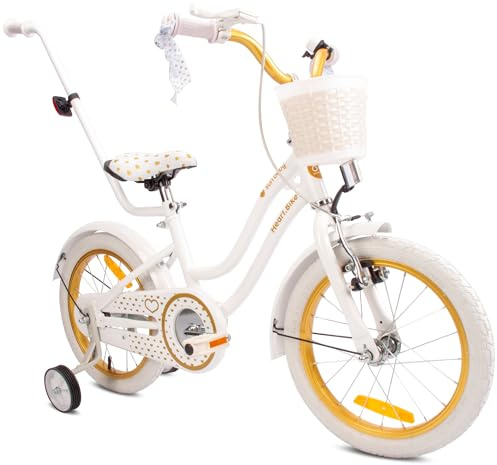 sun baby HEART BIKE Barncykel 16 tum, Cykel för barn 2-6 år, Cykel med stödhjul, pushbar, justerbar sadel och styre (Vitt Guld)
