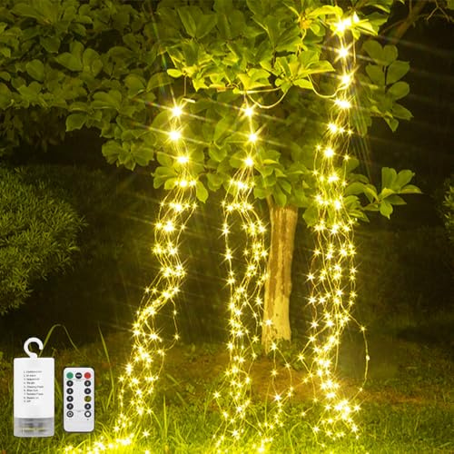 Acxilexy Lichterschweif Batteriebetrieben, 10 Stränge 2M 200 LEDs Wasserdichte Lichterkette, 8 Lichtmodi Wasserfall Lichterketten mit Fernbedienung, Kupferdraht Lichterbündel für Innen Außen Deko