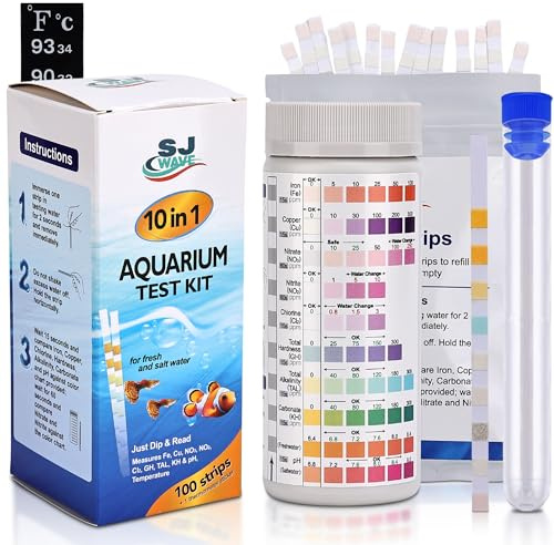10 in 1 - Aquarium Test Strips | 100 Fast & Accurate Strips | Fish Tank Aquariums Water Test Kit & ebook | Aquarium Thermometer | Fish Tank Water Testing Kit for Fresh & Saltwater | Versatile Usage
