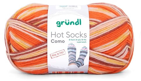 Gründl Hot Socks Como, Sockenwolle 8-fach, Sockengarn 8-fädig, dicke Strumpfwolle musterbildend, Farbverlauf, 150g / 300m (02 orange gelb)