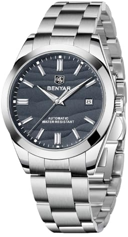 BENYAR Herrenuhr Automatikwerk Edelstahlarmband 50M Wasserdicht Leuchtanzeige mit Kalenderanzeige Casual Business Herren Sportuhr(Black)