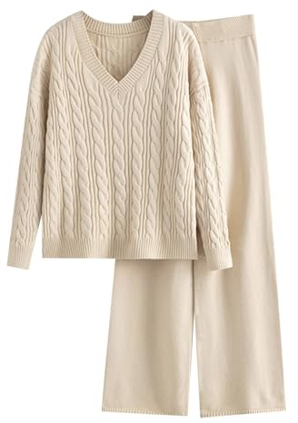 Completi Tuta Donna Elegante 2 Pezzi in Maglia Manica Lunga Girocollo Tinta unita Due Pezzi Outfit Maglione Casual Pullover Top e Pantaloni Elegante Set Loungewear Autunnale (Beige1, One Size)