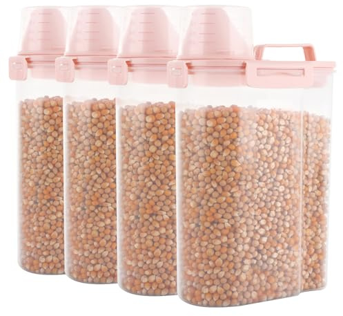 LOPYXBR 4 recipientes de almacenamiento de cereales con boquilla, contenedor de almacenamiento de alimentos para perros de 3 litros con taza medidora, contenedores de almacenamiento de harina rosa,