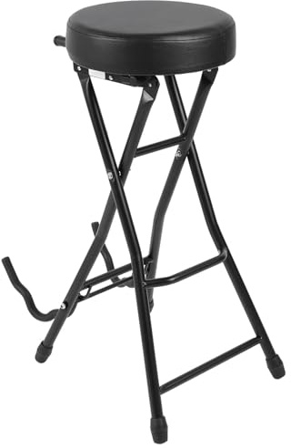 Taburete plegable para guitarra, asiento de silla de guitarra de 29,1 pulgadas de altura con asiento acolchado, soporte para guitarra incorporado, silla plegable para bajos