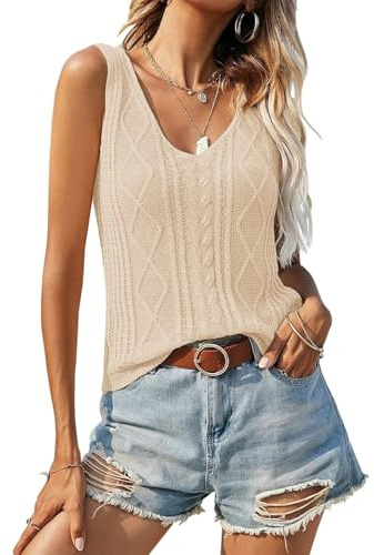Saodimallsu Damen V-Ausschnitt Strick Tank Top Sommer Ärmellose Oberteile Sexy Tops Leicht Gerippte Elegant Casual Stricktop Beige S
