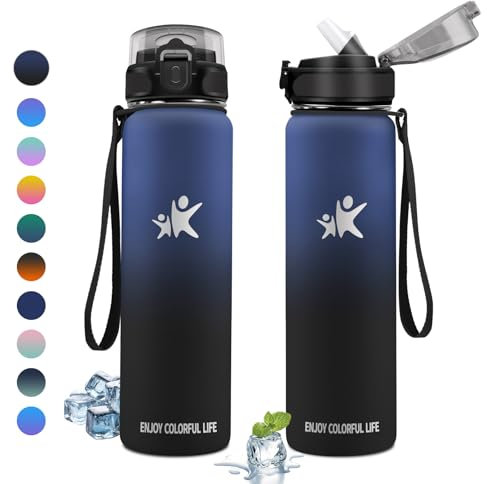 KollyKolla Borraccia Acciaio Inox 1L, Bottiglia Termica con Cannuccia, Bottiglia Termica Riutilizzabile, Facile da Aprire, a Prova di Perdite, senza BPA, Borraccia per Campeggio, Scuola, Gimnasio