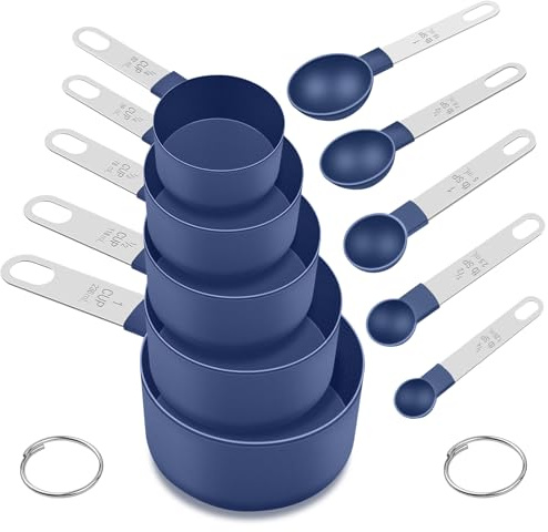 Measuring Cups and Spoons Set, 10 Pieces Nesting Measure Cups and Spoons, Kitchen Essentials Gadgets with Stainless Steel Handle for Dry & Liquid Ingredient, Blue