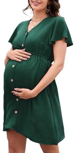 YesFashion Women's Maternity Dress Short Sleeve Nursing Dress Elegant V-Neck Pregnancy Dress with Buttons, Green, S
