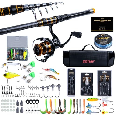 Goture Angelset mit Teleskop-Angelruten (24T Carbon), 2,1m Angelrute Set Komplett 5.2:1 Spinnrolle, 150m/14kg Schnur, Köderbox & Tragetasche – für Salz-/Süßwasser, Reisen–Angelgeschenk