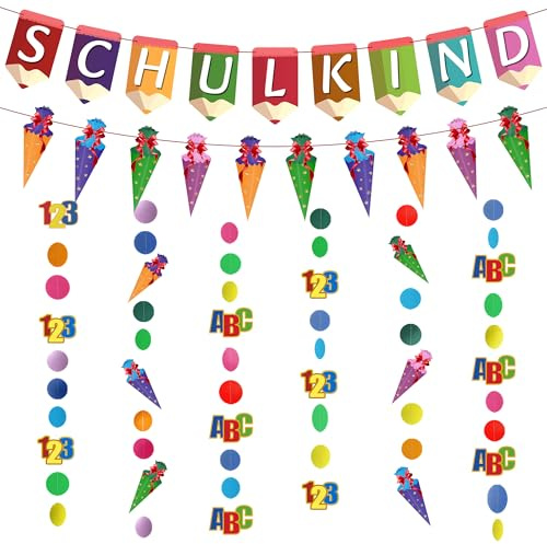 YBwanli Einschulung Schulanfang Schulkind Deko Junge Mädchen 2026 Schultüte Stoff,123 ABC Schultüte Bunt Papier Girlande,Schulkind Banner,Bunte Farben, Festliche Schulstart-Deko