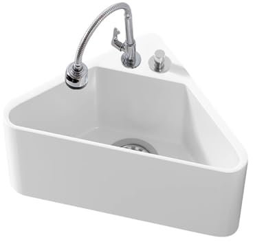 Eckwaschbecken mit Dreieckswand, Eckwaschbecken aus Keramik, Abfluss mit großem Durchmesser, Schlüssel zur Wasserkontrolle, for Balkon, Bad, Wohnung(White)