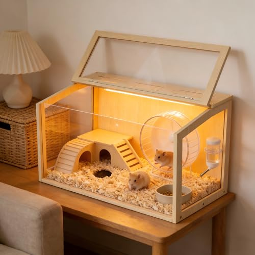 Bingopaw Hamster Cage: Wooden Small Animal Cage with Warm Light - 32Inch Large Clear Hamster House Chewy Proof with Openable Breathable Top