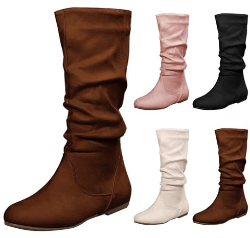 Platta stövlar i mitten av vaden för kvinnor – mocka slip-on vardagliga stövlar med dragkedja på sidan – vardaglig mitten av vaden platt mocka dra på slouch knähöga stövlar, Kaffe, 40 EU