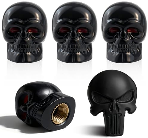 GZqiancang Totenkopf Ventilkappen,mit 1 Metall-Autoaufkleber,4 Stück | Universal Totenkopf Ventilkappen Auto für Autos, Fahrräder, SUVs, Lastwagen, Fahrräder, Motorräder