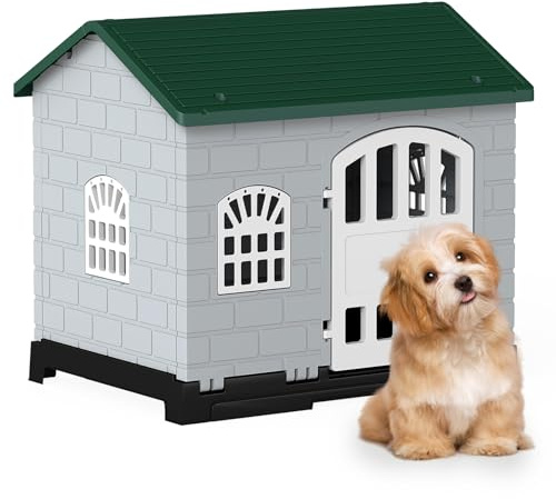 GYMAX Caseta para Perro de Plástico Resistente a la Intemperie, Casa para Mascotas Plegable con Bandeja Extraíble, Puerta Cerrable, 3 Ventanas, Techo Inclinado, 75 x 58 x 65 cm (Verde)