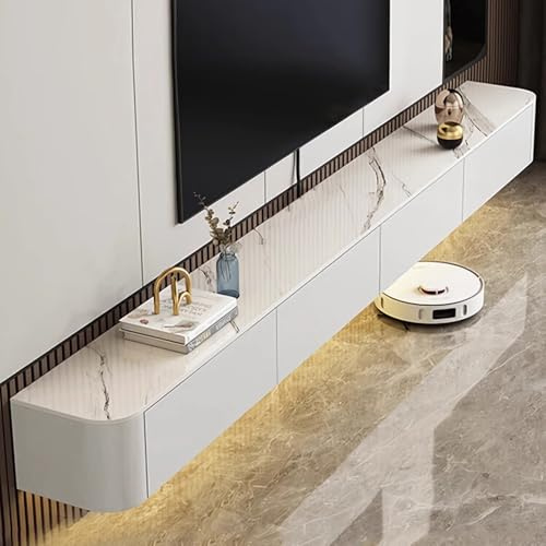 Coubird Floating TV Unit, Wall Mounted TV Cabinet, Floating Shelves with Doors & Drawer, Modern Entertainment Media Console Center Storage TV Bench for Living Room & Office (White-B, 240cm/94in)