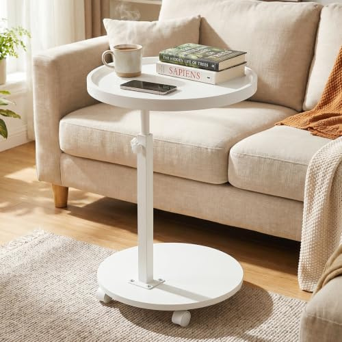 OUAYEMEL Beistelltisch, höhenverstellbar, 360° drehbar, Weiß | Nachttische mit Rollen, für Sofa, Schlafzimmer, Büro, Wohnzimmer, Couchtische für kleine Räume