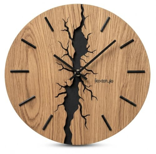 FLEXISTYLE Wanduhr Eiche Holz modern leise ohne Ticken – große Designer Wand Uhr aus Holz Eiche Optik, Loft Wohnzimmer Uhr, natürliche Materialien, dekorative Holzuhr rund, Made in EU