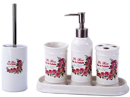 Landhaus Vintage BADSET Rosen Badezimmer ZUBEHÖR Set SEIFENSPENDER WC BÜRSTE Keramik
