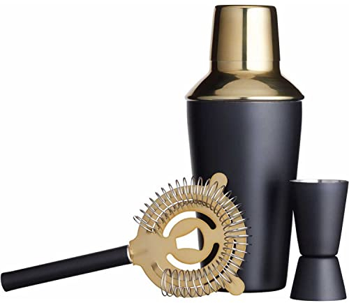BarCraft Cocktail Set, 3-teiliger Edelstahl-Cocktail-Shaker, Jigger, Sieb und Rezeptheft, Mattschwarz und Messingfarben, 1 Set, Schwarz / Gold