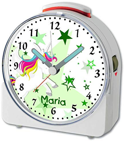 CreaDesign, WU-71-1129-04, Einhorn Grün, analog Kinderwecker weiß, Funkwecker mit Sweep-Uhrwerk und fluoreszierenden Zeiger und Licht, personlisiert mit Namen, 10,2 x 4,6 x 11 cm