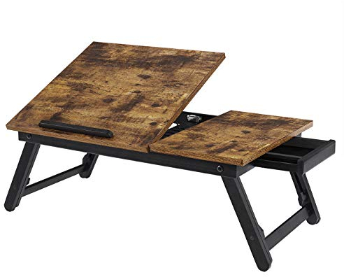 SONGMICS Escritorio Portátil para Cama o Sofá con Tapa Ajustable, Bandeja para Servir Desayuno con Patas Plegables de Altura Ajustable, para Pantallas de hasta 15,6 Pulgadas, Marrón Rústico LLD105B01