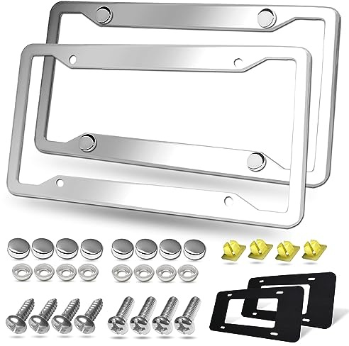 BGGTMO Stainless Steel License Plate Frames- 2 Pack Heavy Duty Polished Mirror Car Tag Cover with Chrome Screws Caps, 4 Holes Front & Rear Holders with Fasteners, Inserts, Rust/Rattle Proof Pads