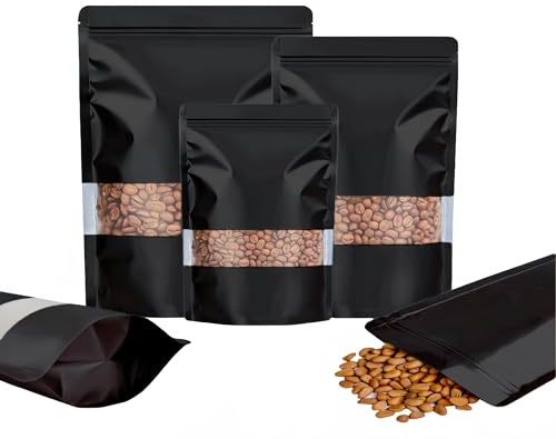 Rimiko 50 Pcs Sachets Alimentaires Debout avec Fenêtre Transparente, Sachet Zip Refermable Aluminium Stand up, Sac Pochette Mylar pour Conservation des Aliments (Noir, 10x15cm)