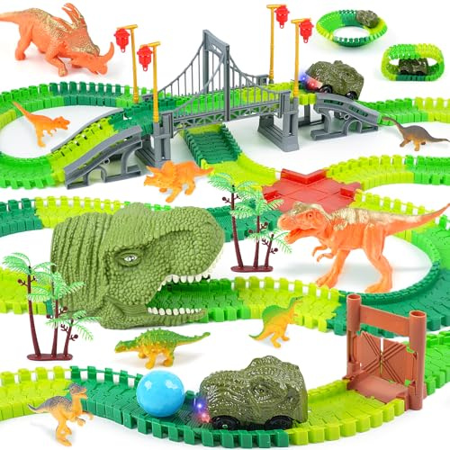 BEMITON Dinosaur Toys Race Car Track, Create a Dinosaur World Road Race, Flexible Dinosaur Track Toys Set, Christmas Birthday Gifts for 3 4 5 6 7 Years Old Boys Girls Kids