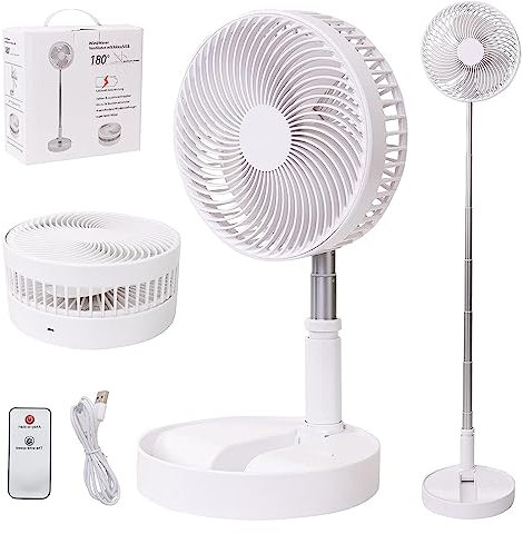 Portable Desk Fan,Foldable Fan Pedestal Stand Floor Fan Adjustable Height from 14.2 inch to 39inch, 4 Speeds & Time Settings, 7200mAh Rechargeable Battery Telescopic Oscillate USB Charging (WHITE)