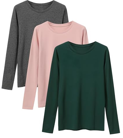 LiKing Maglietta a Maniche Lunghe Donna T-Shirt Girocollo Cotone T Shirt Donna Manica Lunga Classica Donna con Scollo Tondo 3er Pack Verde Scuro Rosa Grigio Mediuml GPGE