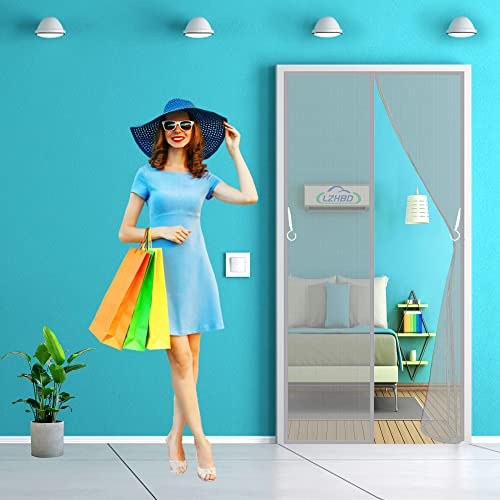 LZHBD Insektenschutz Tür Vorhang Polyester Lamellenvorhang - 150x260 cm - mit Heavy Duty Mesh & Full Frame Klettverschluss Klemmleiste Fliegenvorhang - Grau