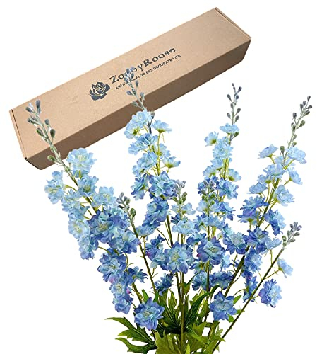 ZYTUYO Blue Delphinium Artificial Flower Long Stem Flower 4 pcs 33.5 in Fake Larkspur Faux Look Real Silk Flower Plant Bulk Bouquets for Outdoor Tall Vase Home Garden Wedding Arrangement Decoration