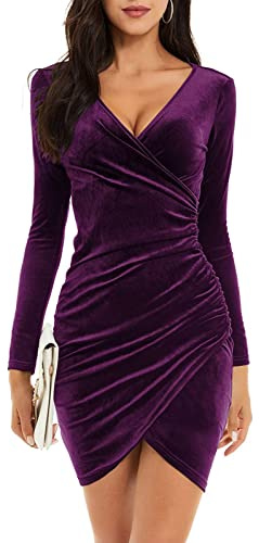 Niwicee klänning dam nyårsafton jul sexig cocktailklänning vinterklänning aftonklänning långärmad elegant V sammet bodycon lång vinter sammet festklänning halloween klänning, violett, XL