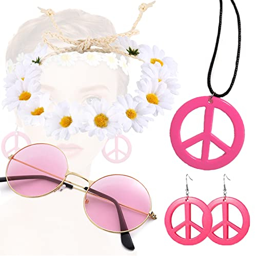Zeaying 5 Stück 60er 70er Kostüm Zubehör, Hippie Kostüm Set, Retro Vintage Brille Friedenszeichen Halskette Sonnenblume Krone Haarband, Hippie-Party-Zubehör, Hippie Accessoires für Damen und Herren