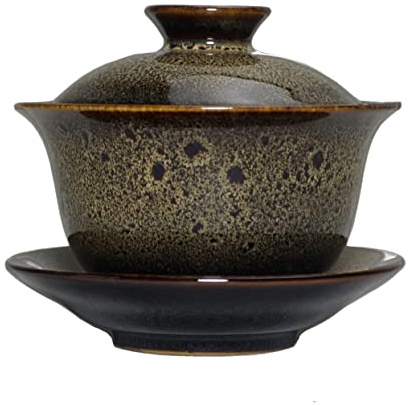 Liang baobao Porcelain Gaiwan 5.6oz Tea Cup Color Glazed Cups Tureen Chinese Teacup Sancai Cover Bowl Lip Saucer Set (brown)